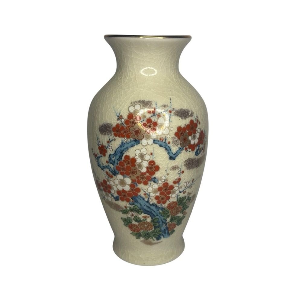 Vintage Japanese Kakiemon Style Crackled Porcelain Vase Peacock Gold Detailing
